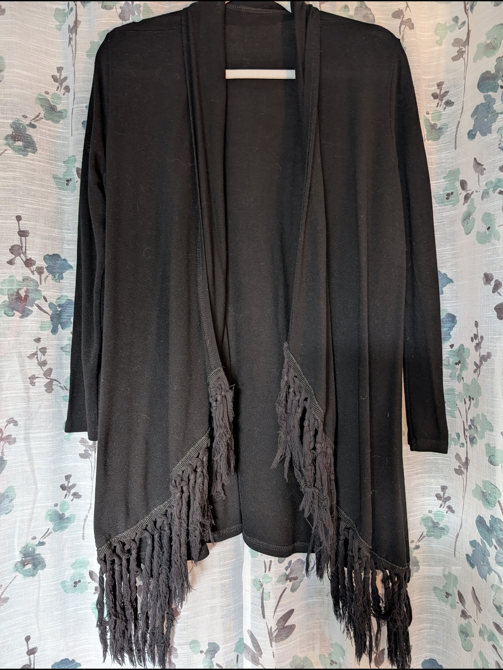 Black Women's Fringe Open-Front Sweater Cardigan - Picture 3 of 5